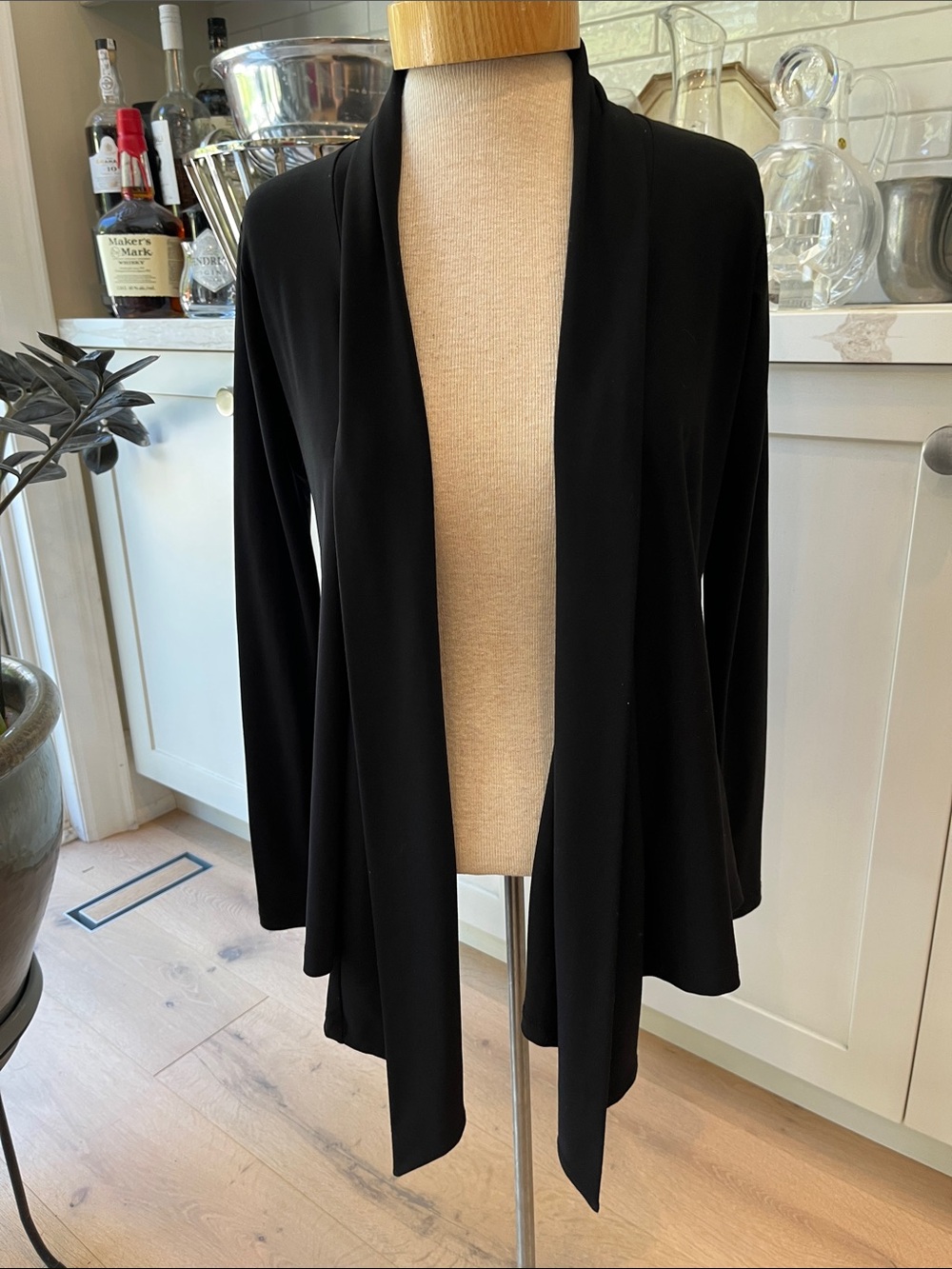 Sympli Black Open-Front Long Sleeve Draped Waterfall Collar Cardigan